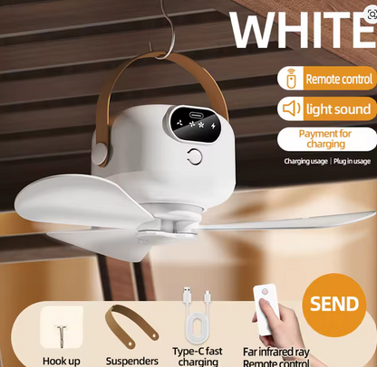Portable Ceiling Fan with 3 Speeds Timer Tent Ventilator Cooler LED Light Rechargeable for RV Truck Rooftop Tent Travel