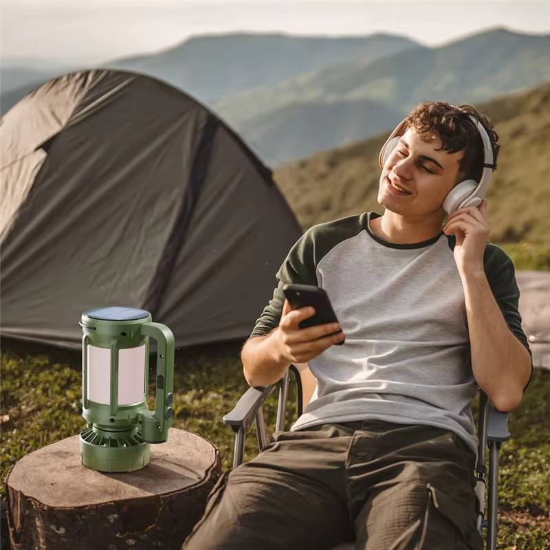A74E-Outdoor Camping Solar LED Lantern With Integrated Cooling Fan And Portable Flashlight - Hiking Gear