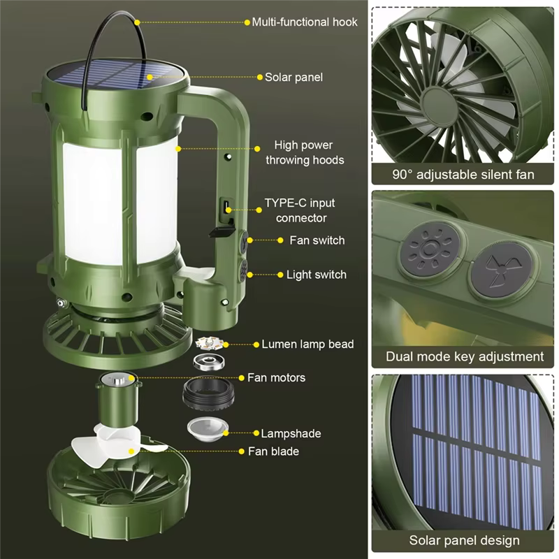 A74E-Outdoor Camping Solar LED Lantern With Integrated Cooling Fan And Portable Flashlight - Hiking Gear