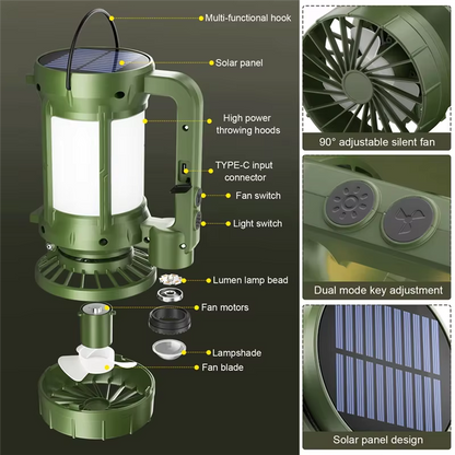 A74E-Outdoor Camping Solar LED Lantern With Integrated Cooling Fan And Portable Flashlight - Hiking Gear